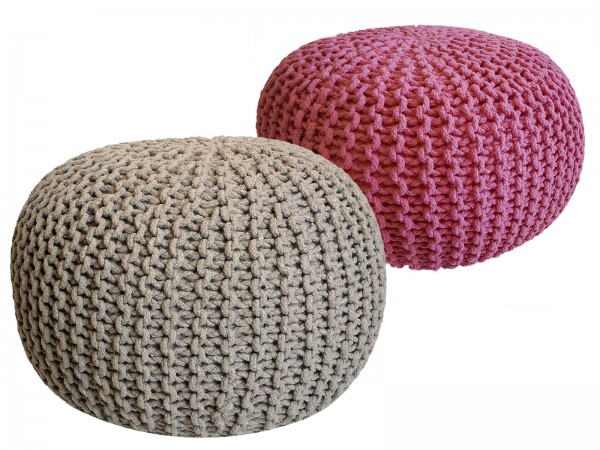 Sitzhocker Pouf SET 2 Stück Ø 55 cm H 37 cm Strickhocker Bodenkissen Grobstrick-Optik nachhaltig