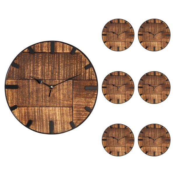 Uhr Holz ø 30 cm 7-teilg Wanduhr modern rund aus Holz Vintage lautlos Mangoholz massiv