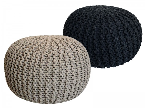 Sitzhocker Pouf SET 2 Stück Ø 55 cm H 37 cm Strickhocker Bodenkissen Grobstrick-Optik nachhaltig