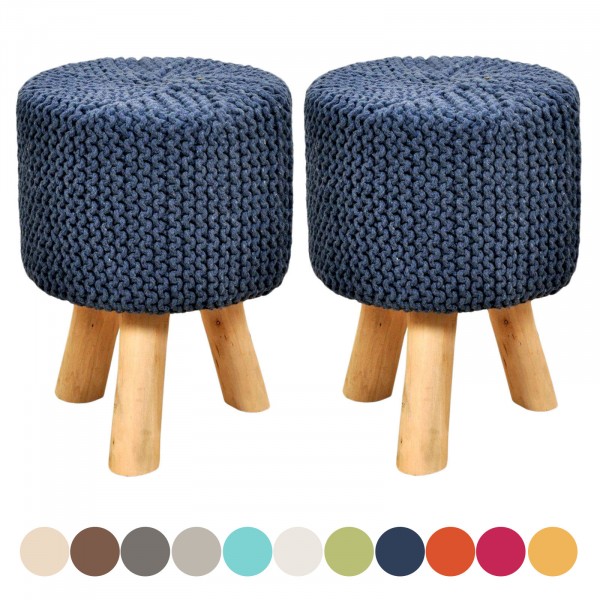Sitzhocker Set 2 Stück Strick-Hocker Pouf Schemel mit Holzfüßen Ø 35 cm Höhe 45 cm viele Farben