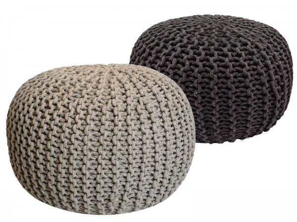 Sitzhocker Pouf SET 2 Stück Ø 55 cm H 37 cm Strickhocker Bodenkissen Grobstrick-Optik nachhaltig