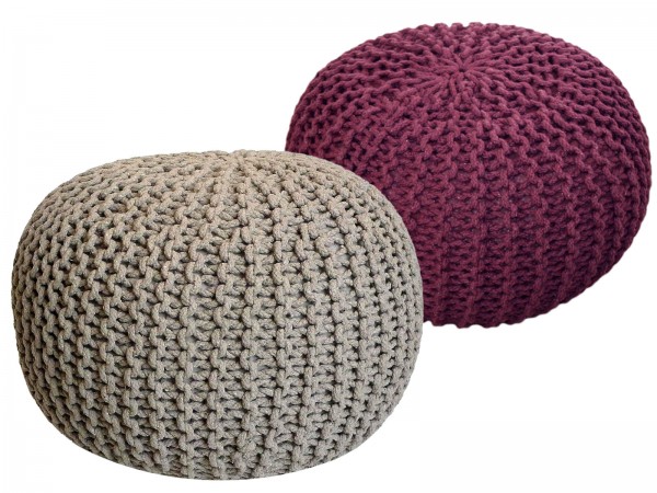 Sitzhocker Pouf SET 2 Stück Ø 55 cm H 37 cm Strickhocker Bodenkissen Grobstrick-Optik nachhaltig