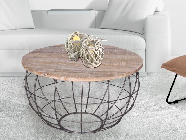 Couchtisch nachhaltig rund ø 75 cm Wohnzimmer-Tisch Massivholz London Metall Gitter Metall Gestell