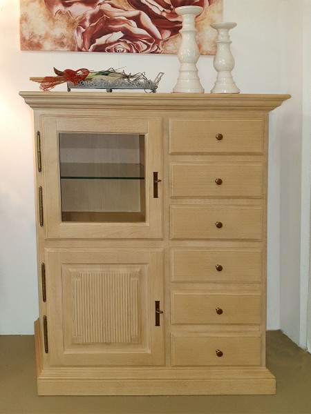 Vertiko Sideboard Duett B 102 H 121 cm 1 Holztür 1 Glastür 6 Holzschubladen Pinie massiv