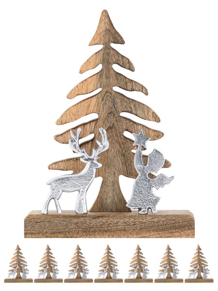 Holzfigur Weihnachtsbaum mit Hirsch u. Engel 20x27cm Masterbox 8-teilig Weihnachtsdeko Mangoholz