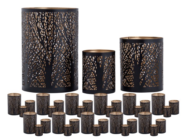 Windlicht 3er Set Masterbox 12x 3teilig Kerzenständer Forest Teelichthalter rund schwarz gold