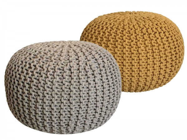 Sitzhocker Pouf SET 2 Stück Ø 55 cm H 37 cm Strickhocker Bodenkissen Grobstrick-Optik nachhaltig