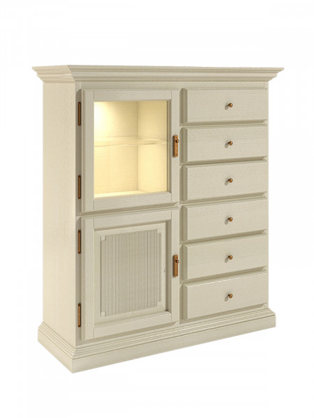 Vertiko Sideboard Duett B 102 H 121 cm 1 Holztür 1 Glastür 6 Holzschubladen Pinie massiv