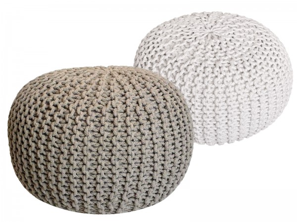 Sitzhocker Pouf SET 2 Stück Ø 55 cm H 37 cm Strickhocker Bodenkissen Grobstrick-Optik nachhaltig