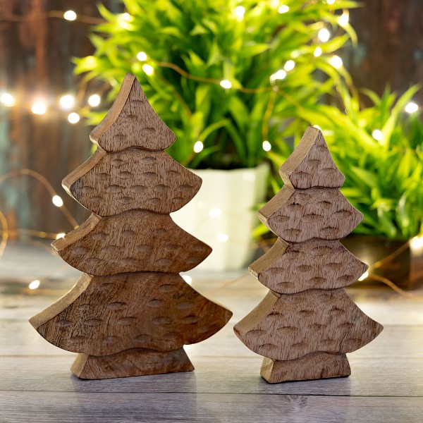 Dekofigur Baum 2er Set Holzfigur H23/20cm Holzbaum Weihnachtsdekoration Mangoholz